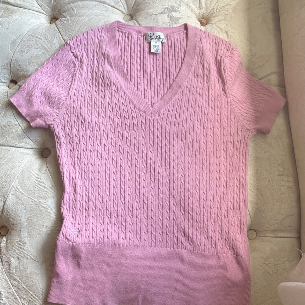 Lilly Pulitzer Pink Cable short sleeve Knit V-Neck Sweater size small